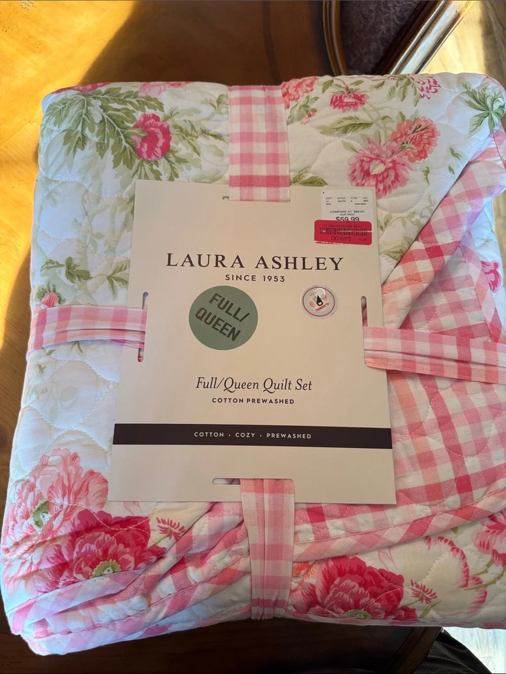 Laura Ashley Pink Floral and Green Leaf Full/Queen Quilt Set